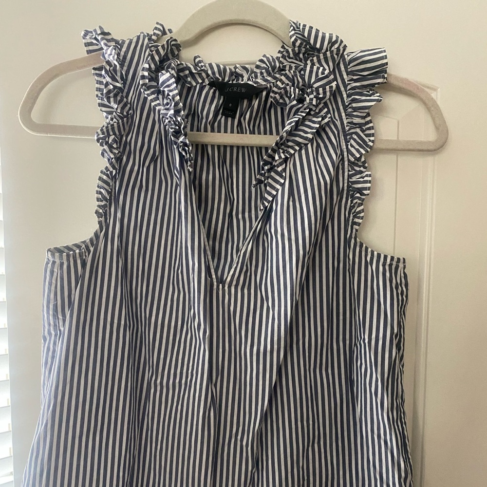 J.Crew Blue and White Ruffled Striped Blouse